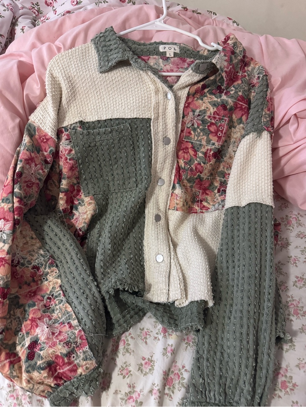 POL Patchwork Teddy Jacket in Olive, Cream & Pink Floral